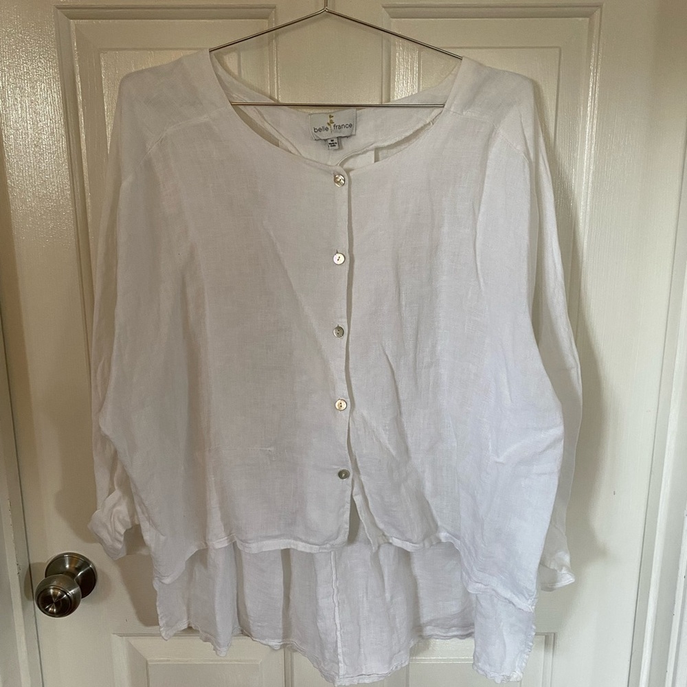 Belle France Italian Linen White Button Blouse